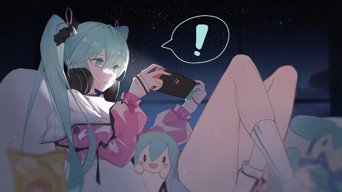 2k初音未来壁纸｜夜景手持设备背景图 - 双马尾「哲风壁纸」