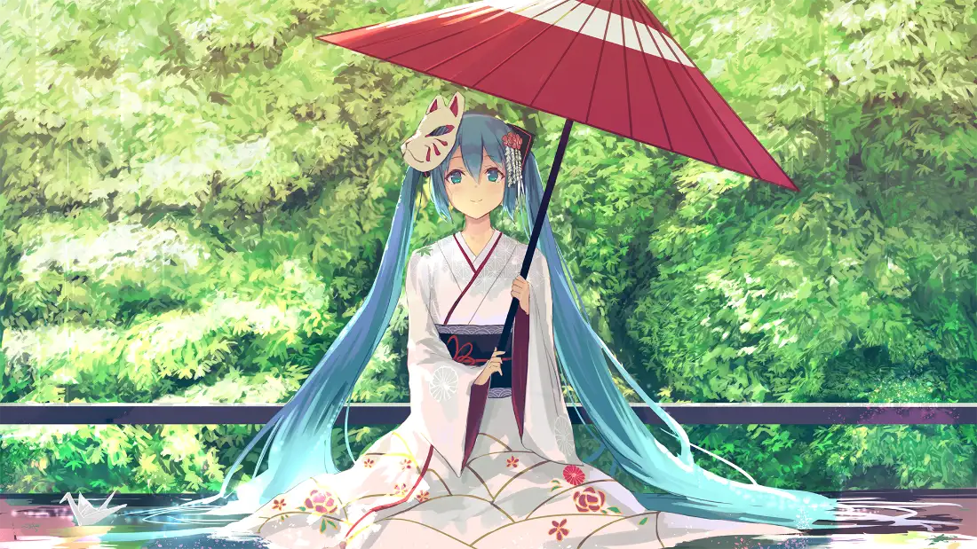 2k初音未来和服面具壁纸｜日系背景图片 - 插画「哲风壁纸」