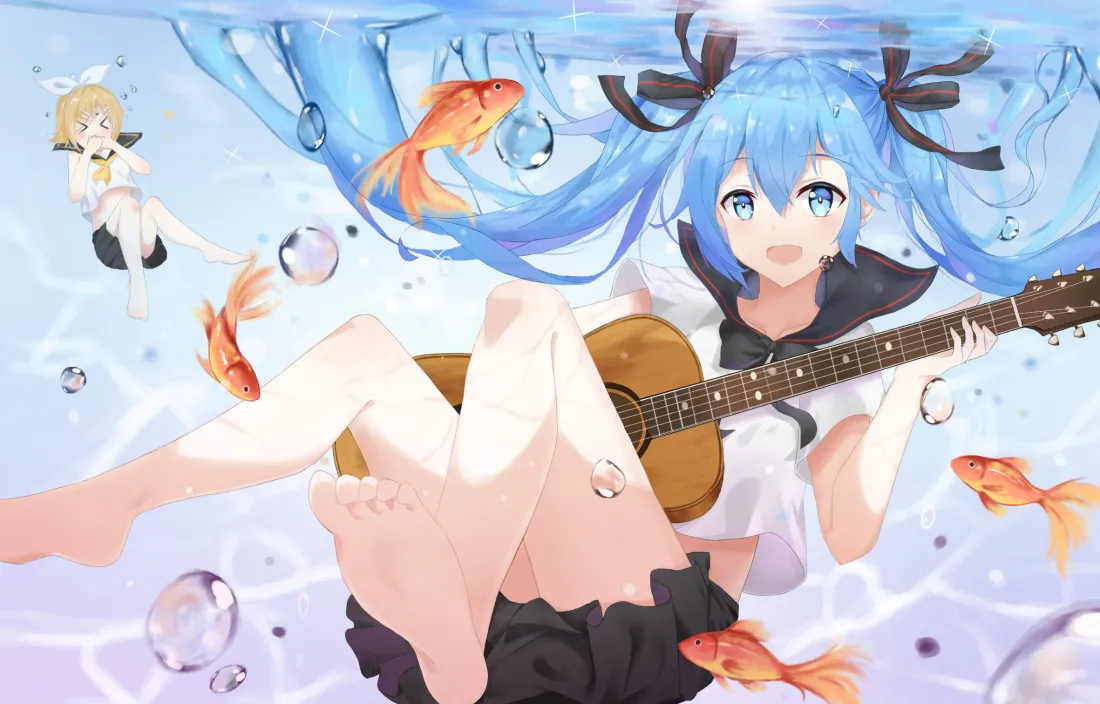 2k初音未来壁纸｜水下吉他背景图片 - 虚拟歌姬「哲风壁纸」