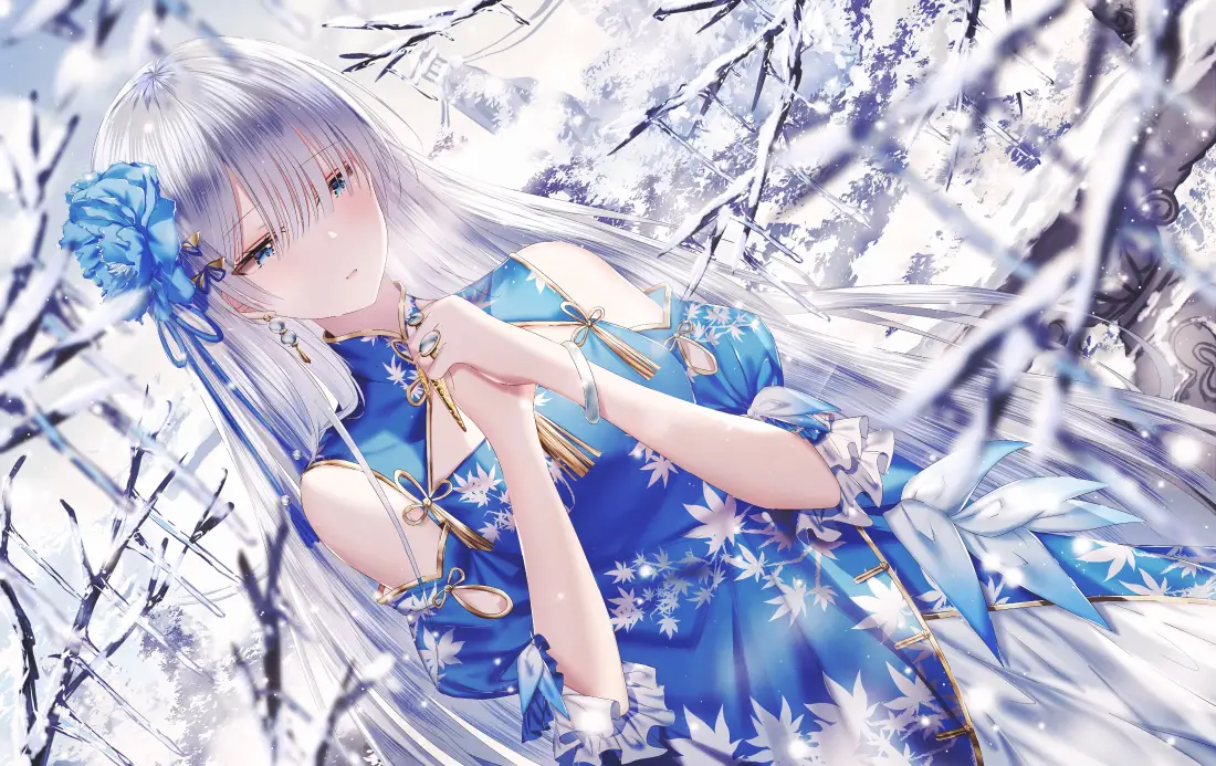 4k雪祈少女壁纸｜冬日祈祷背景图片 - 蓝发「哲风壁纸」