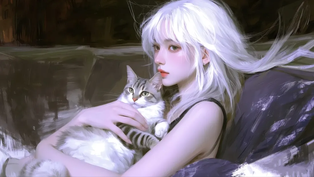 4k银发少女壁纸｜蜷卧猫咪背景图片 - 慵懒时光「哲风壁纸」