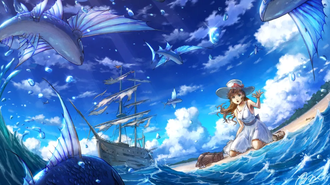 4k少女海边壁纸｜鲸鱼船背景图片 - 二次元「哲风壁纸」