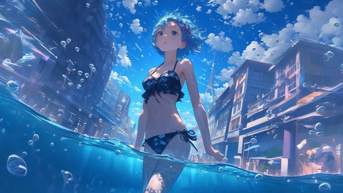 4k水下泳装少女｜蓝天白云城市背景图片 - 动漫「哲风壁纸」