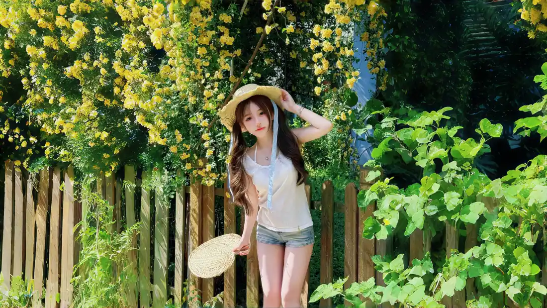 4k(夏日壁纸｜绿意花墙背景图片 - 草帽美女)「哲风壁纸」