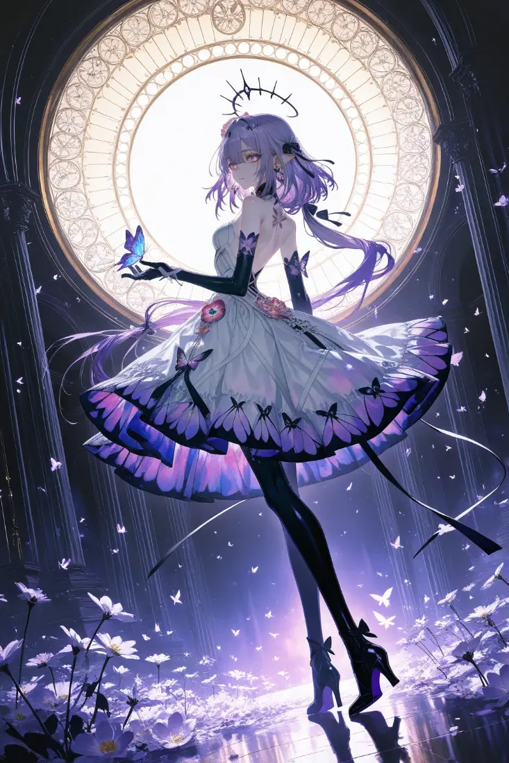 蝴蝶少女手机壁纸｜紫色梦幻背景图 - 黑丝美少女「哲风壁纸」