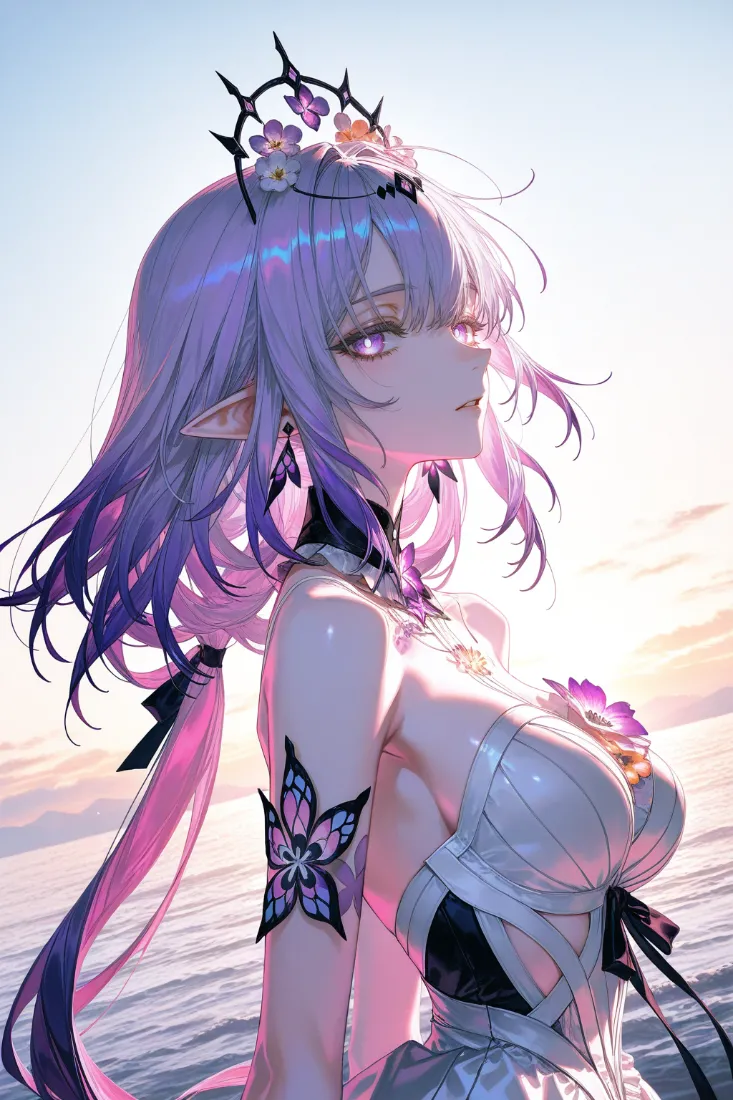 精灵美少女手机壁纸｜海边背景图片 - 紫发皇冠少女「哲风壁纸」