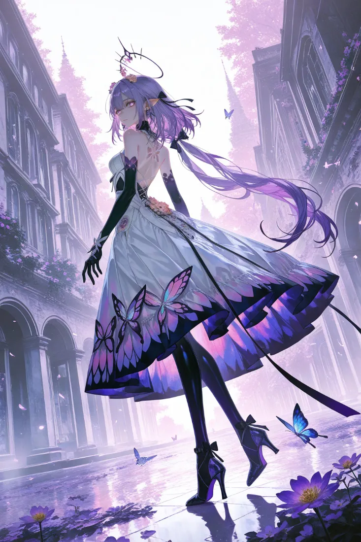 (蝶影黑丝少女手机壁纸｜梦幻都市背景图片 - 插画)「哲风壁纸」