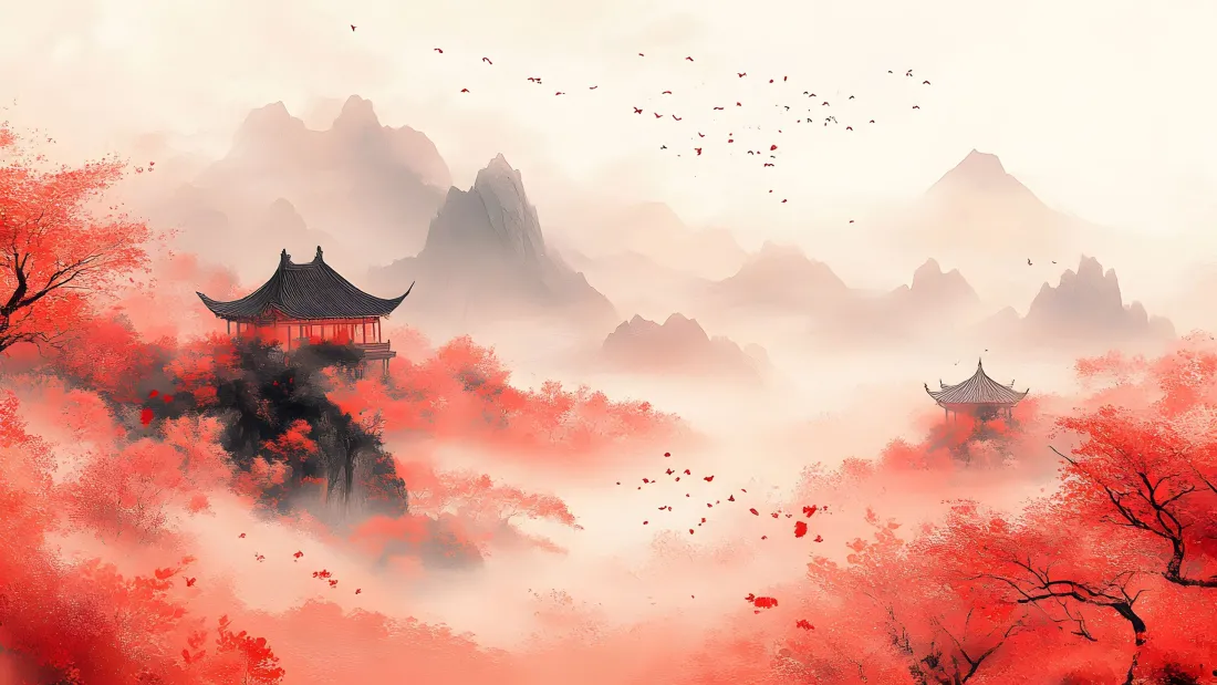 4k丹枫山水壁纸｜古亭背景图片 - 水墨意境「哲风壁纸」