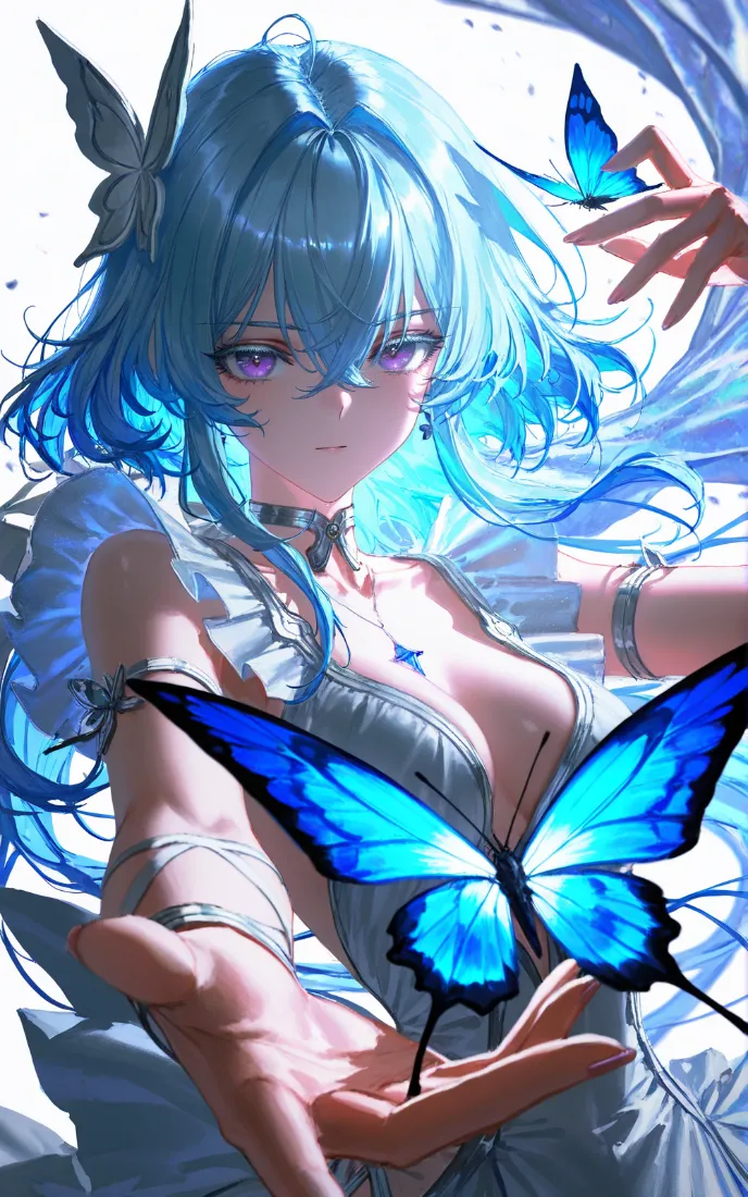 蓝发少女手机壁纸｜蝴蝶背景图片 - 梦幻插画「哲风壁纸」
