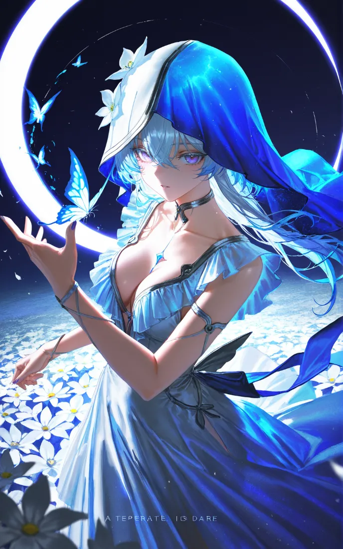 蓝发蝴蝶少女手机壁纸｜梦幻背景图片 - 月夜「哲风壁纸」
