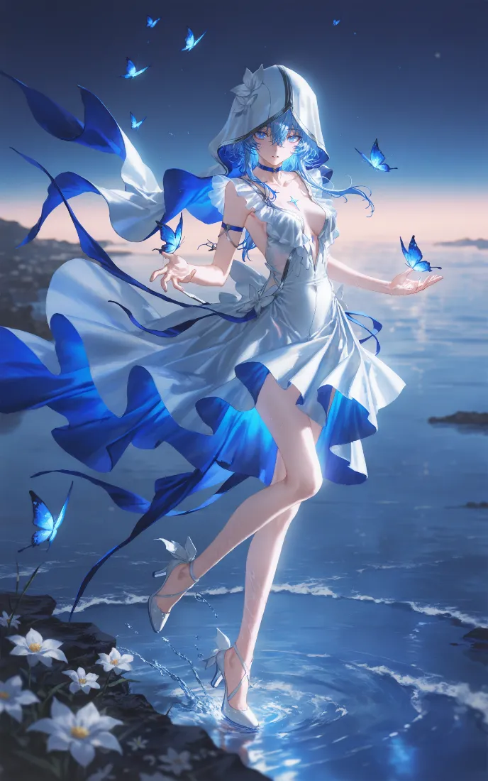 蓝蝶少女手机壁纸｜海边夜景背景图片 - 梦幻蓝调「哲风壁纸」