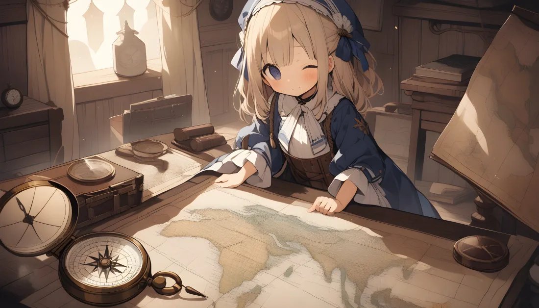 4k航海少女壁纸｜复古书房背景图片 - 罗盘地图「哲风壁纸」