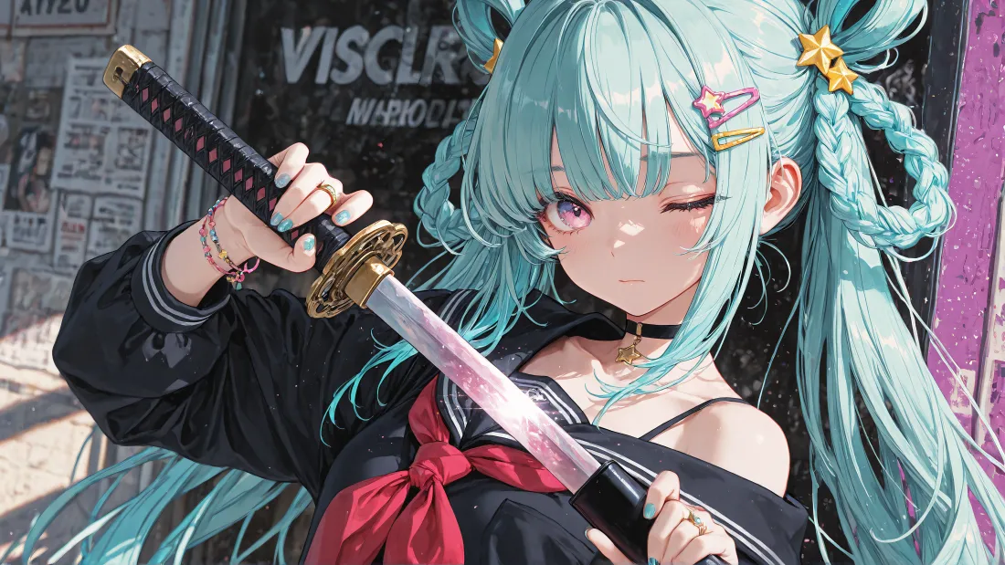 4k初音未来壁纸｜武士刀背景图片 - 动漫插画「哲风壁纸」
