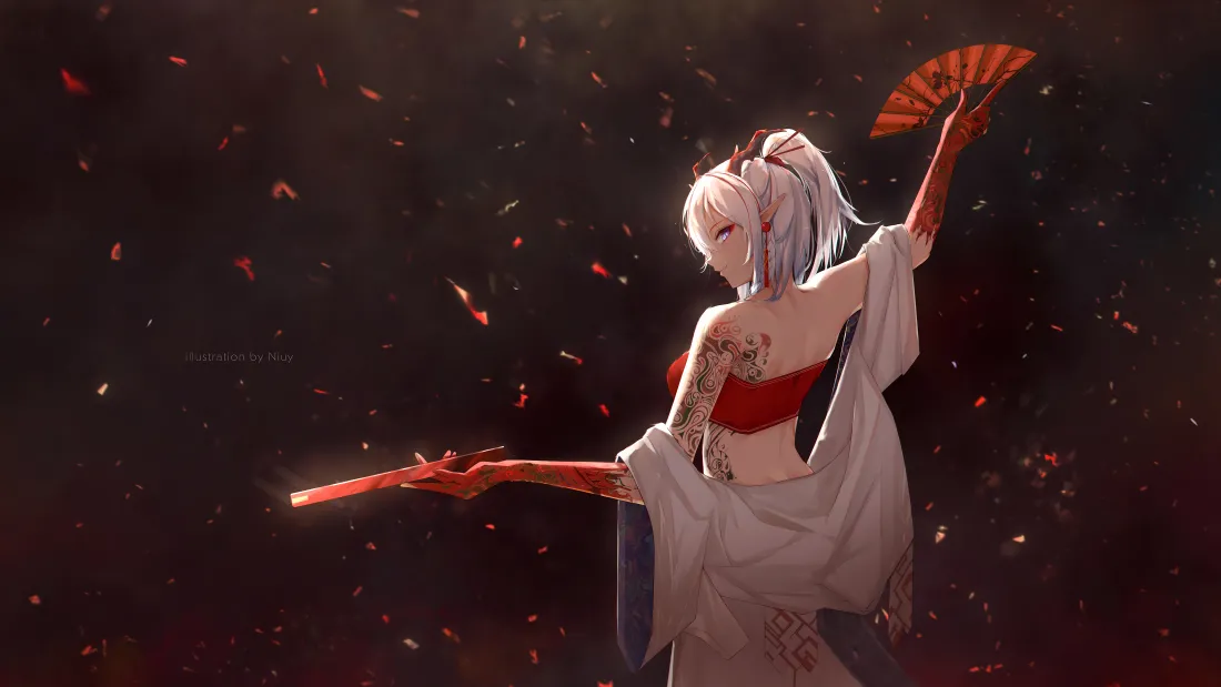 20k和服美女折扇壁纸｜星空花瓣背景图片 - 飘逸「哲风壁纸」