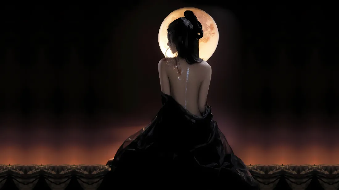 8k月夜露背美女壁纸｜神秘背景图片 - 月下背影「哲风壁纸」