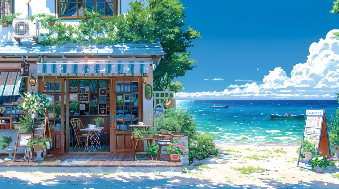 3k海滨街角咖啡屋壁纸｜夏日插画背景图片 - 海景「哲风壁纸」