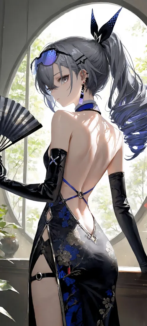 露背旗袍少女｜古风窗景背景图 - 双马尾美少女「哲风壁纸」