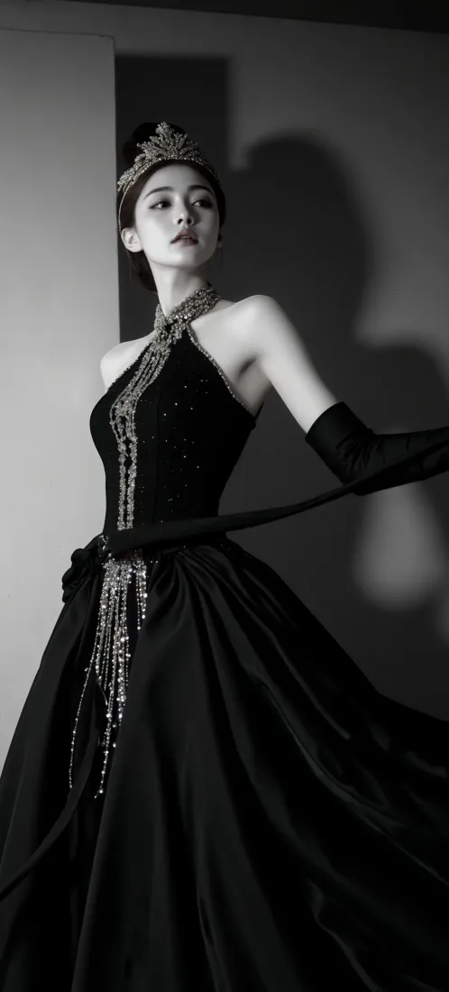 皇冠晚礼服手机壁纸｜黑白美女写真背景 - 链条装饰「哲风壁纸」