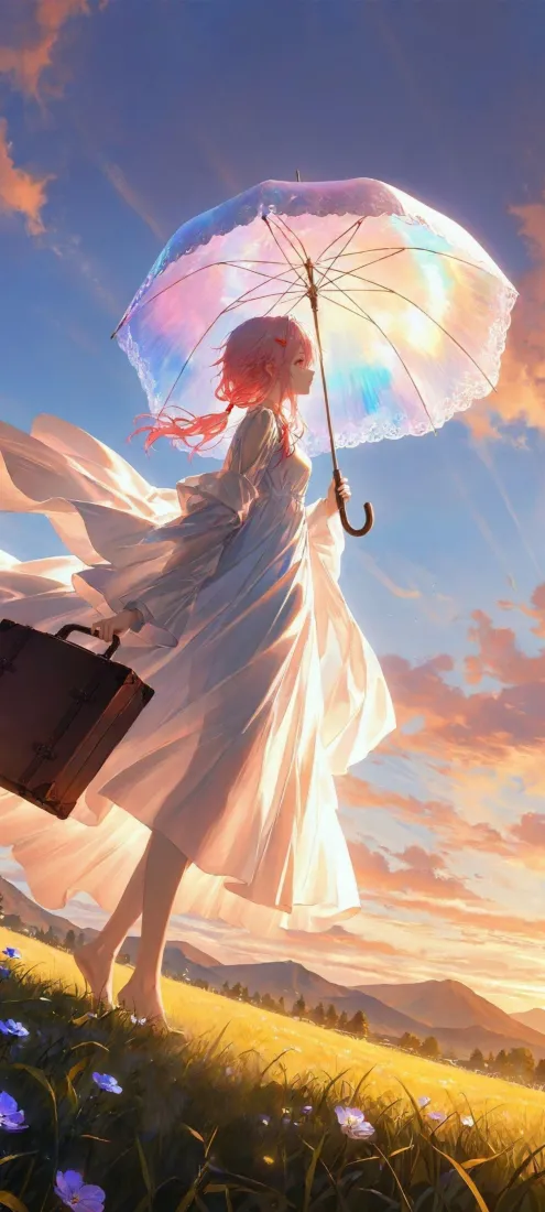 透明彩伞手机壁纸｜夕阳美少女背景图片 - 漫步「哲风壁纸」