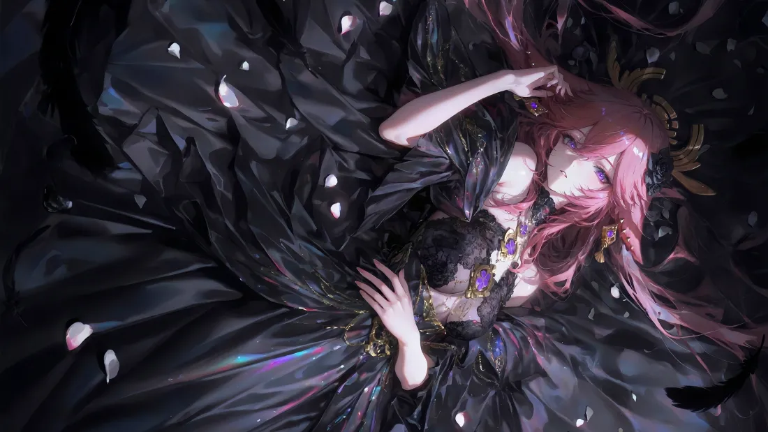 5k红发美少女壁纸｜黑色长裙背景图 - 插画「哲风壁纸」