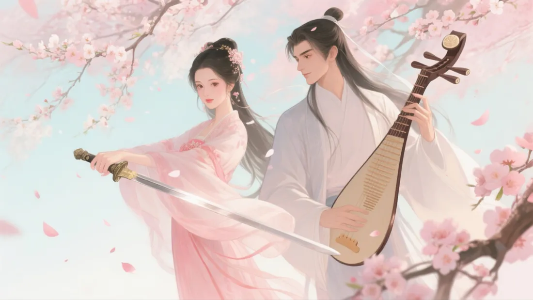 3k樱花剑舞壁纸｜琵琶雅韵背景图片 - 古风「哲风壁纸」