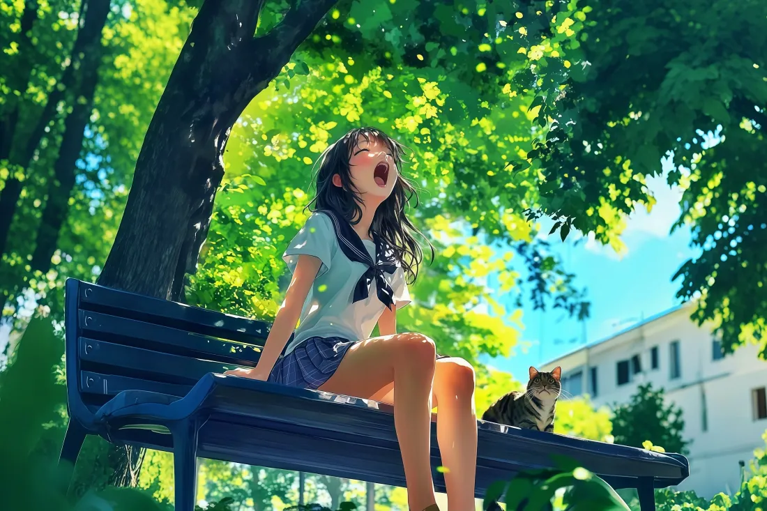 4k(小猫萌趣｜夏日树荫背景图片 - 少女呵欠)「哲风壁纸」
