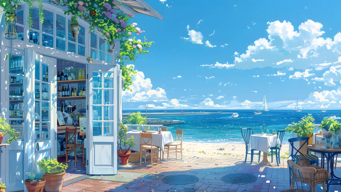 4k夏日海边壁纸｜滨海小店背景图片 - 碧海蓝天「哲风壁纸」