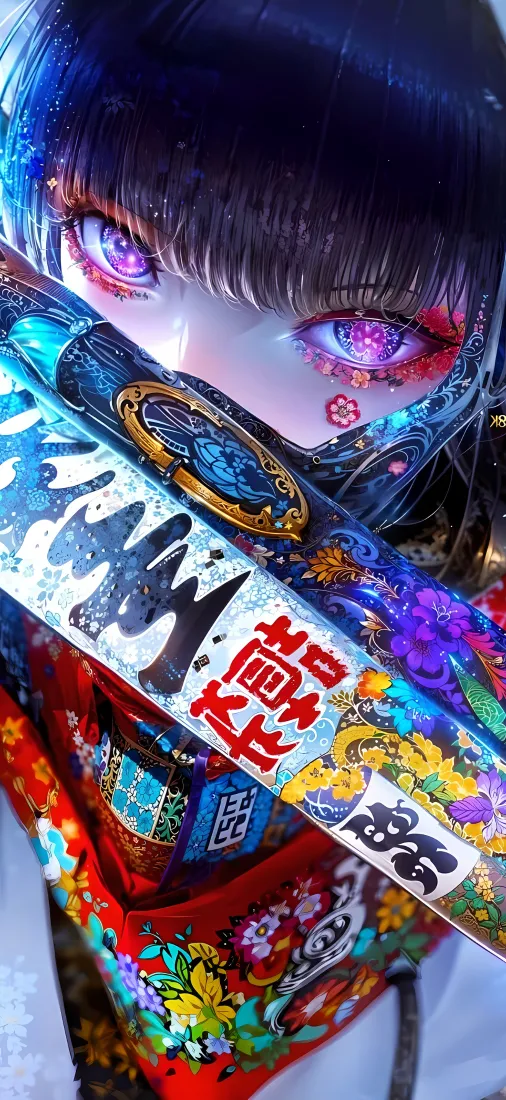 紫眸少女手机壁纸｜浮世绘面具背景图片 - 4K手机「哲风壁纸」