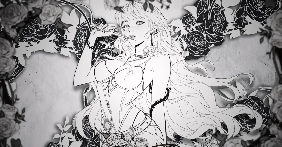 3k暗黑少女壁纸｜玫瑰藤蔓背景图片 - 黑白线稿「哲风壁纸」