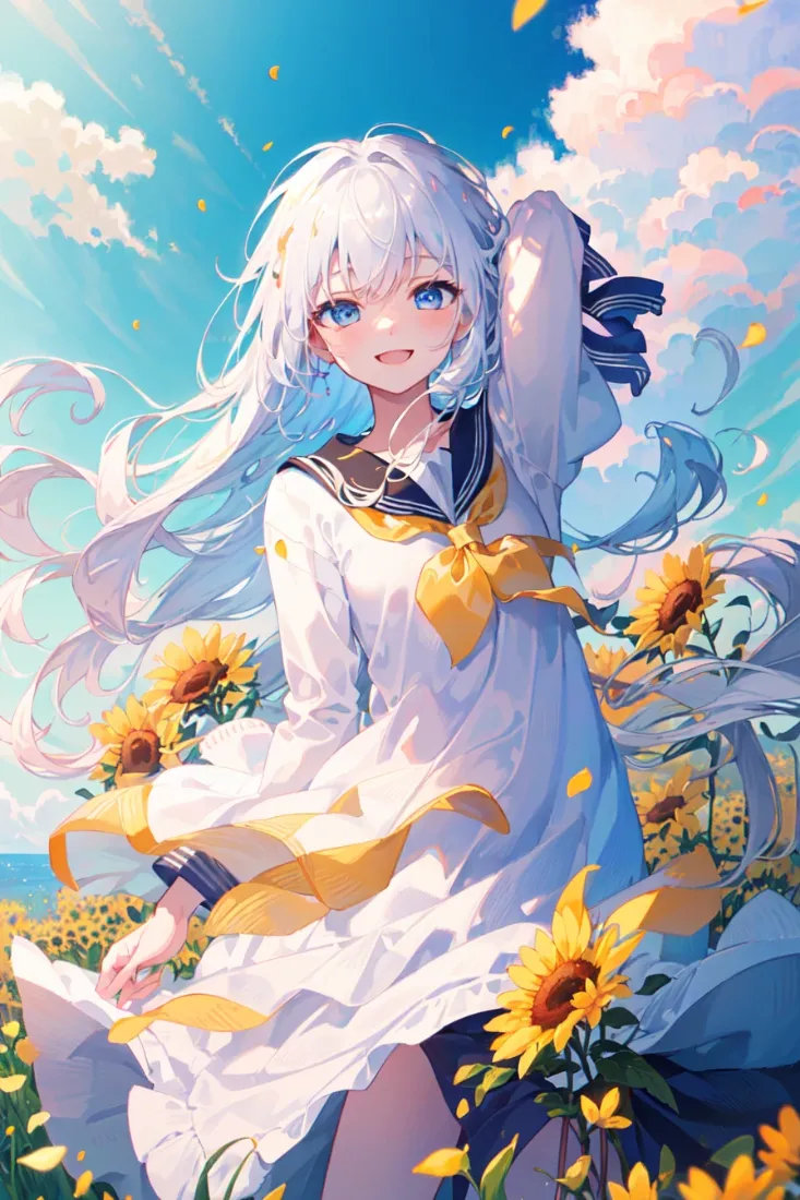 银发少女向日葵手机壁纸｜清新背景图片 - 夏日漫步「哲风壁纸」