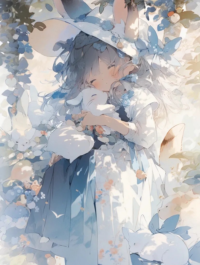 兔耳少女手机壁纸｜梦幻花丛背景图片 - 抱兔「哲风壁纸」