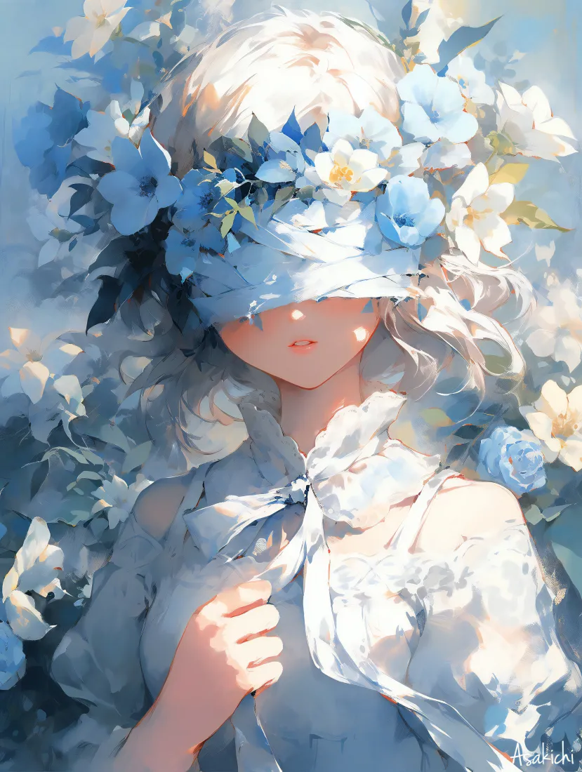 蒙眼少女手机壁纸｜花卉背景图片 - 蓝白浪漫「哲风壁纸」