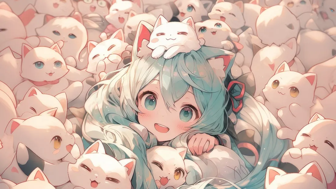 3k猫猫簇拥初音未来壁纸｜可爱背景图片 - 萌宠「哲风壁纸」