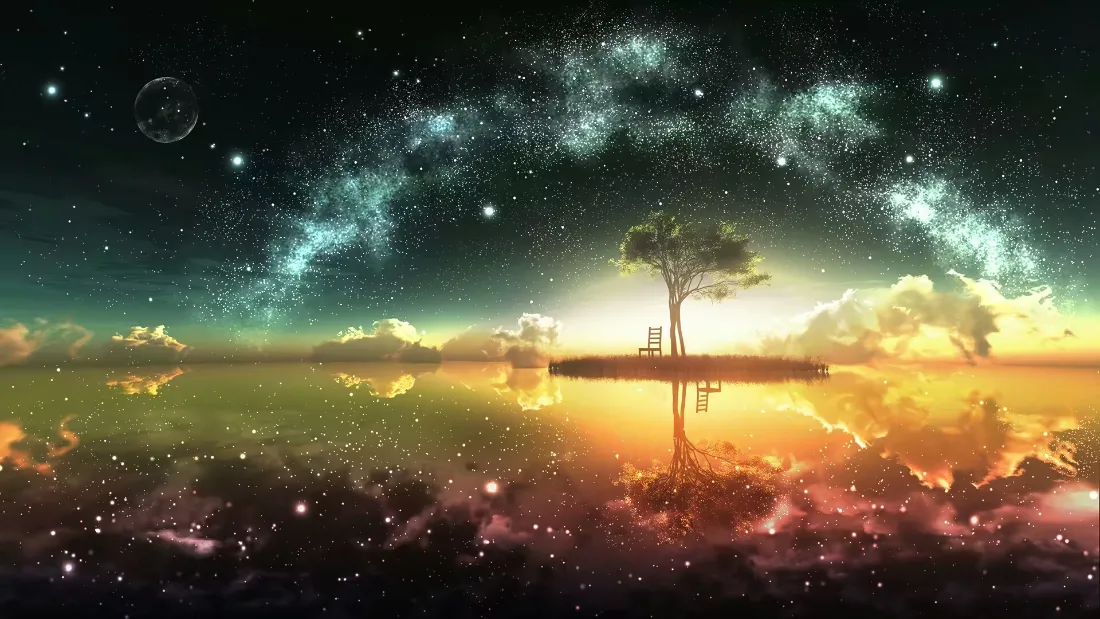 2k星空壁纸｜奇幻湖泊倒影背景图片 - 晨曦树影「哲风壁纸」