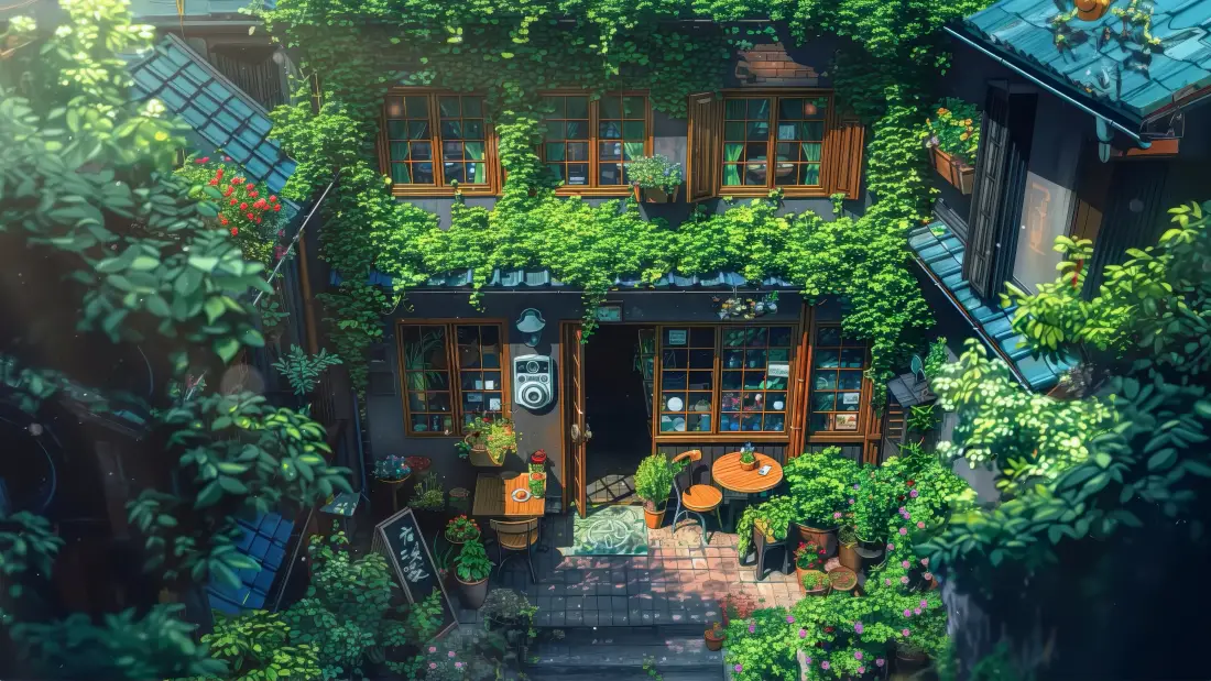 4k日式庭院壁纸｜绿植环绕背景图片 - 小屋「哲风壁纸」