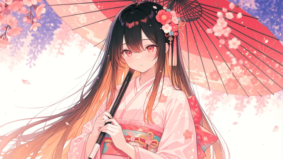 3k和服美女壁纸｜樱花背景图片 - 春日伞下「哲风壁纸」