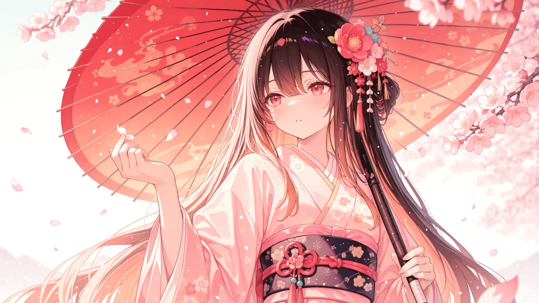 3k和风美女壁纸｜樱花背景图片 - 油纸伞少女「哲风壁纸」