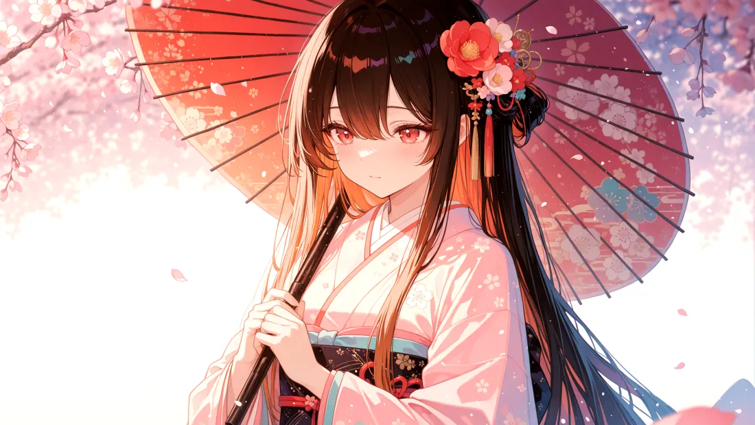3k和服美女壁纸｜樱花伞背景图片 - 春日少女「哲风壁纸」