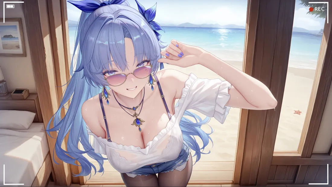 3k蓝发美女｜海滨房间背景 - 动漫角色「哲风壁纸」