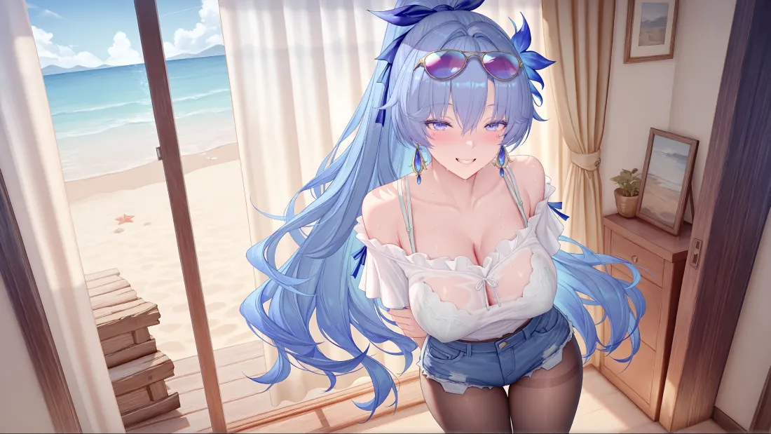 3k蓝发美女壁纸｜海边房间背景图片 - 动漫少女「哲风壁纸」