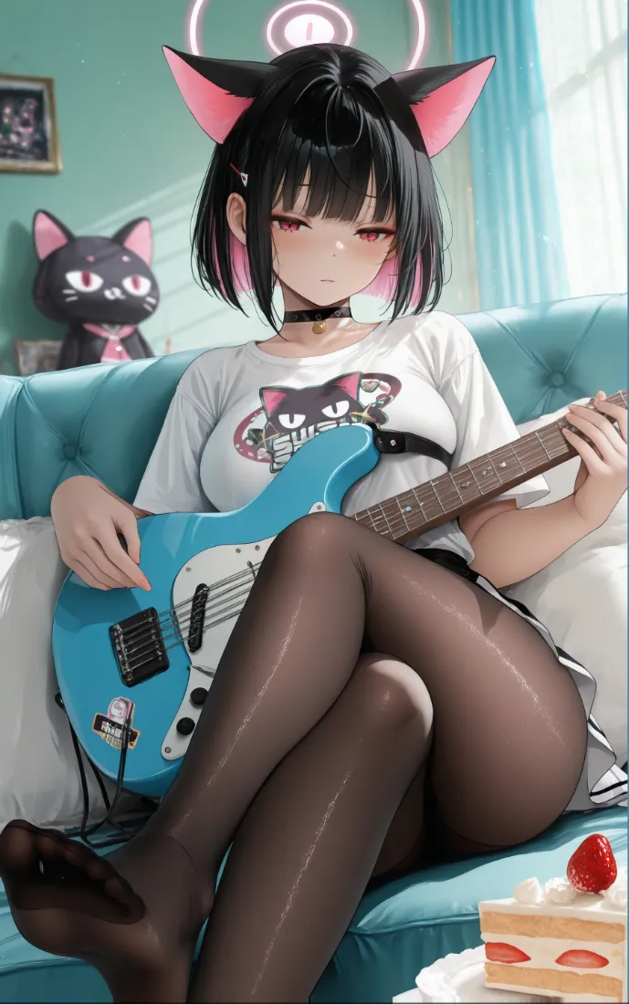猫耳少女手机壁纸｜蓝吉他美腿背景图片 - 室内萌系「哲风壁纸」