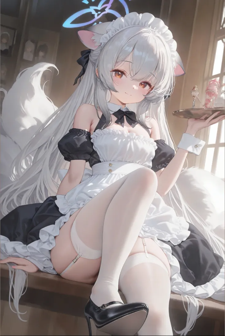 猫耳女仆手机壁纸｜白发美少女背景图片 - 美腿「哲风壁纸」