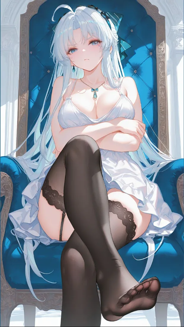 (白发美少女手机壁纸｜黑丝美腿背景图片 - 坐姿特写)「哲风壁纸」