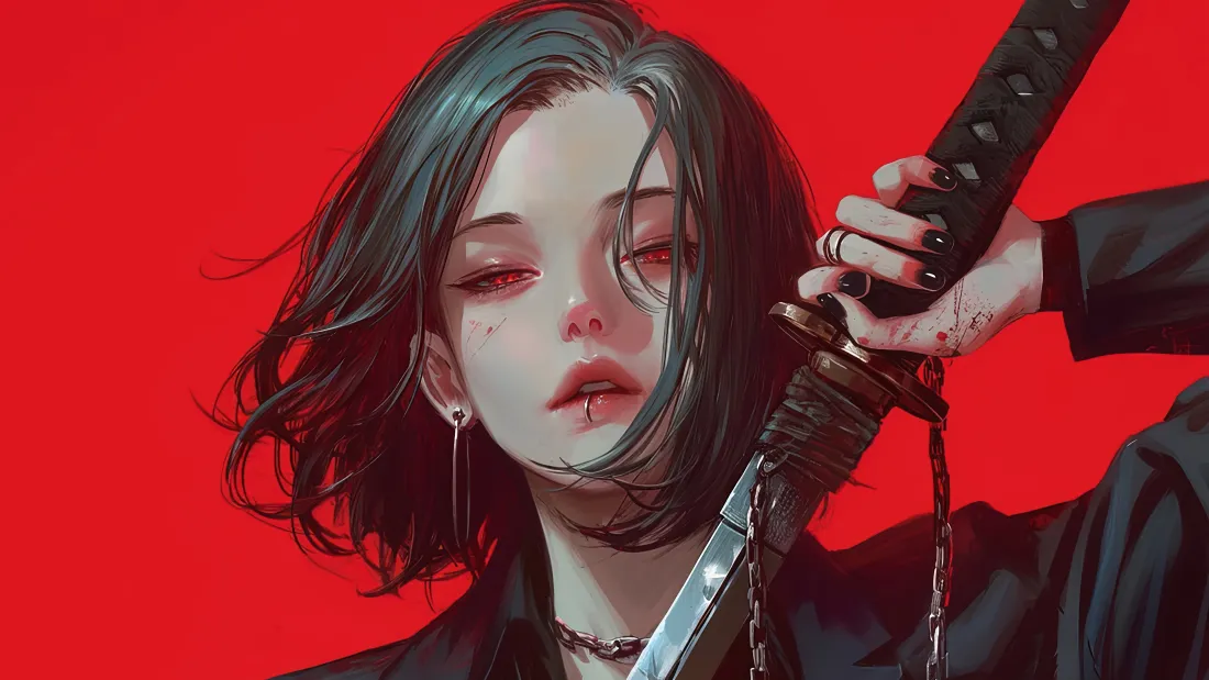 4k黑发少女壁纸｜持刀红底背景图 - 动漫「哲风壁纸」