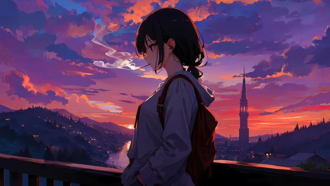 4k黄昏少女壁纸｜晚霞背景图片 - 动漫插画「哲风壁纸」