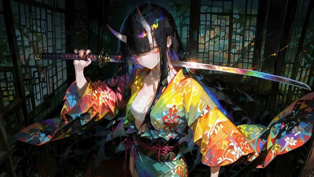 8k恶魔武士壁纸｜彩色和服背景图片 - 持剑少女「哲风壁纸」