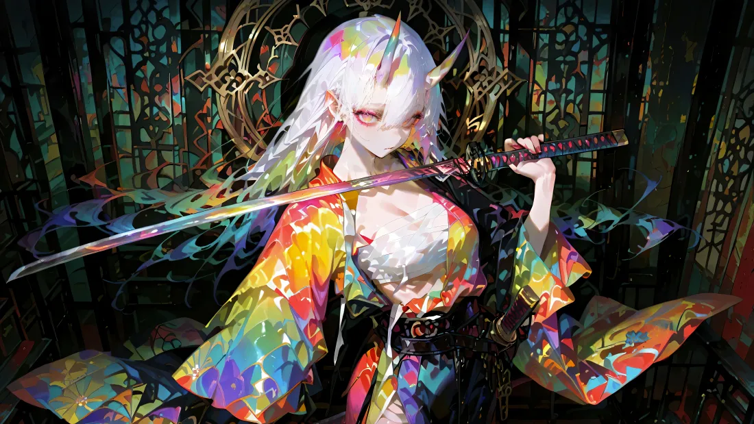 8k恶魔之角白发少女壁纸｜彩色服饰武士刀背景图片 - 暗黑插画「哲风壁纸」