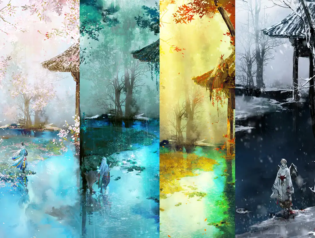 2k阴阳师同人画壁纸｜水墨背景图片 - 四季场景「哲风壁纸」