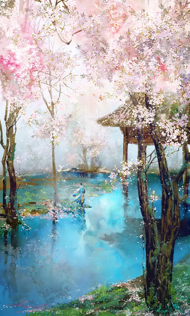 阴阳师樱花庭院手机壁纸｜游戏同人背景图片 - 场景插画「哲风壁纸」