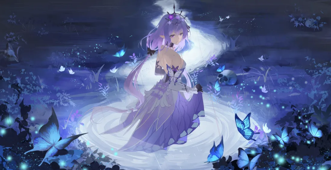 5k蝶舞紫发少女壁纸｜梦幻夜景背景图片 - 插画「哲风壁纸」